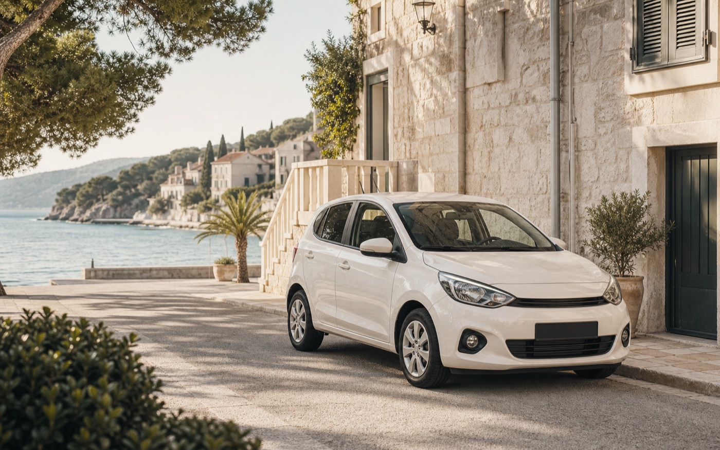 A compact rental vehicle in a Croatian coastal setting